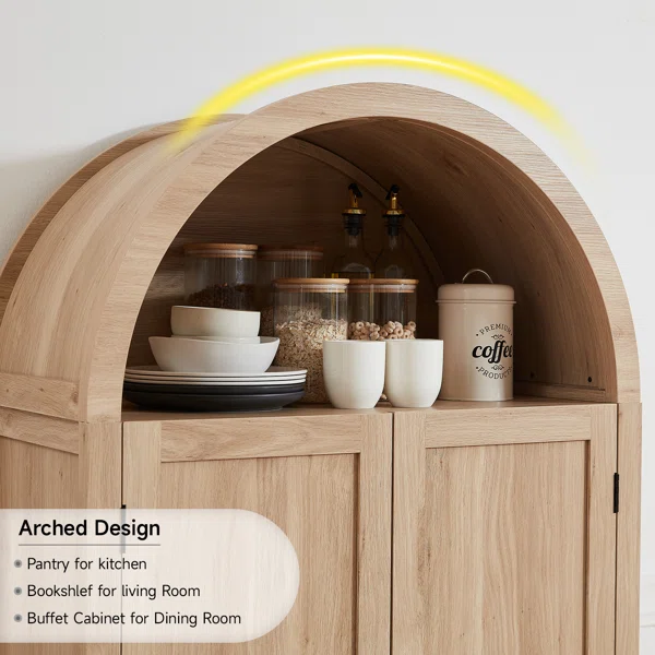 71 Inch Tall Arched Cabinet, Kitchen Pantry Cabinet With Doors & Shelves - Image 3